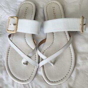 White Leather Sandals with Gold Buckle